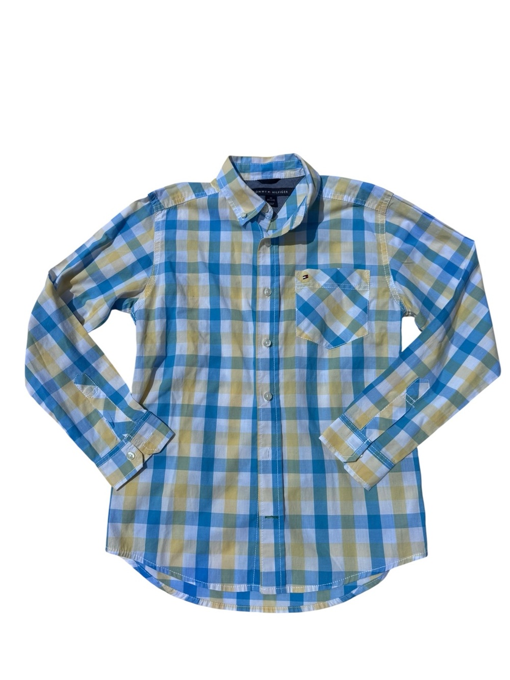 Tommy Hilfiger Blue and Yellow Plaid Button-Down Shirt boys Sz 12/14 long sl